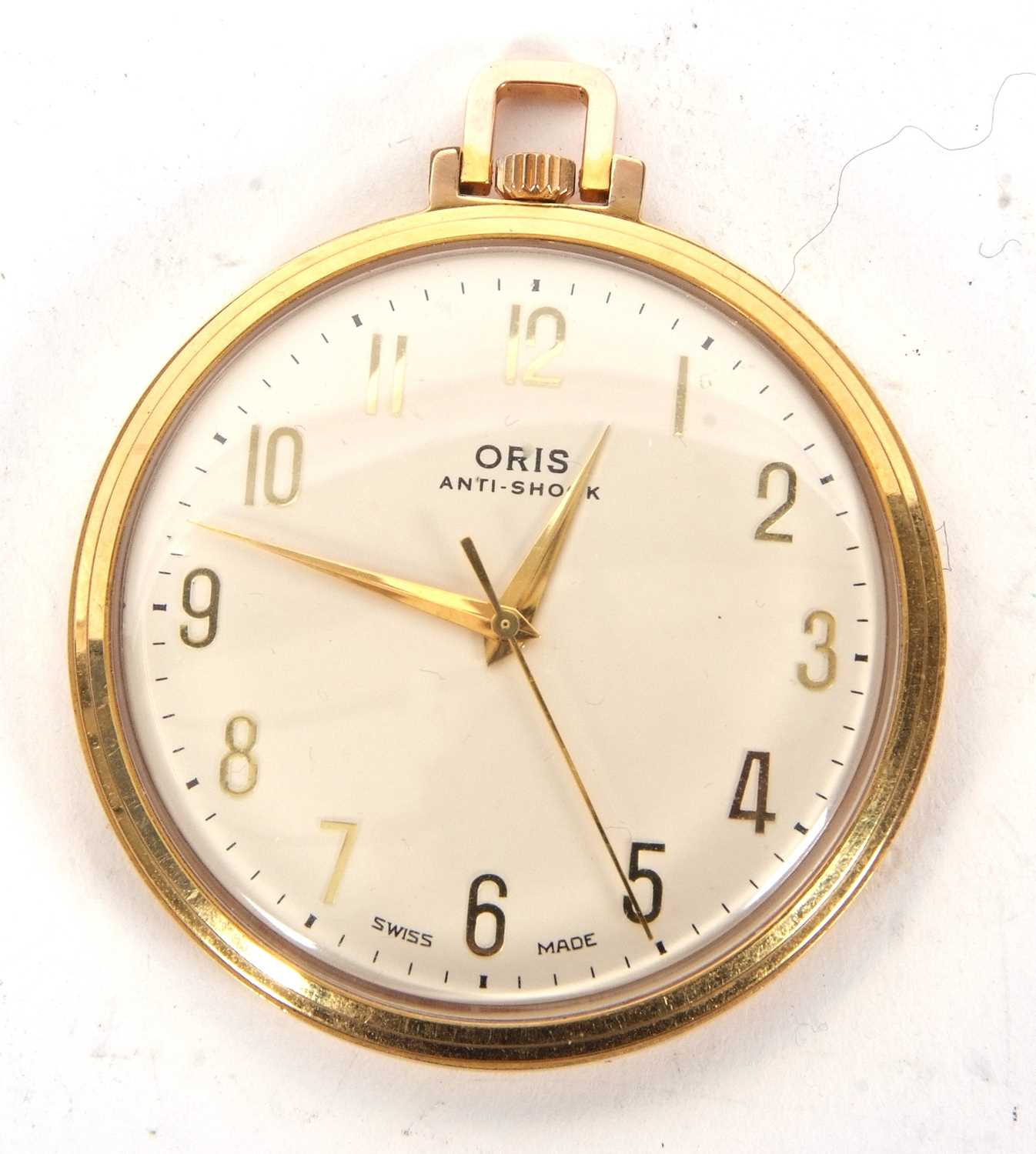 An Oris base metal pocket watch, it has a crown wound movement and a cream dial with gold coloured - Image 2 of 3