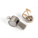 Mixed Lot: Vintage small whistle, the barrel shaped chamber with two Victorian sixpence coins