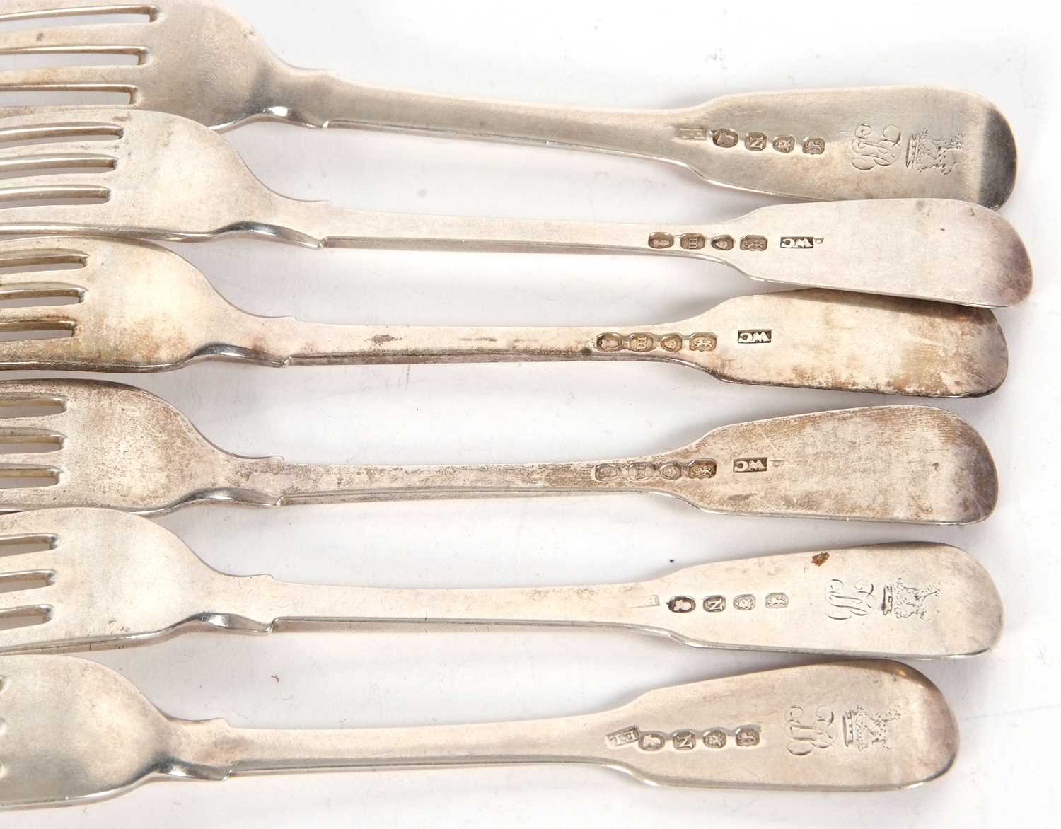 Six Georgian silver dessert forks, fiddle pattern engraved with an armorial and initials, three - Image 3 of 3