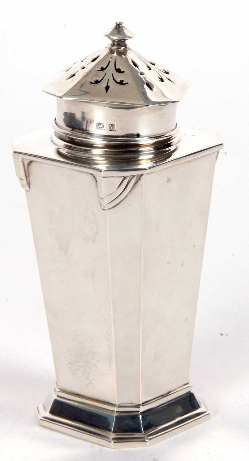 An Art Deco silver caster of plain tapering octagonal form with angular designed shoulders, pull off - Image 5 of 7