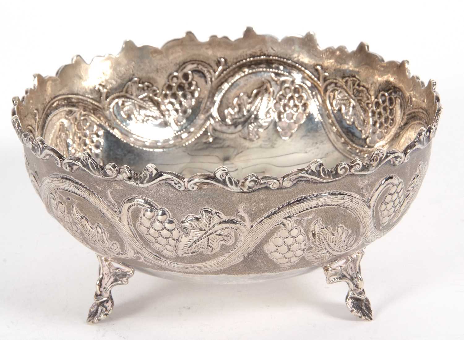 A vintage white metal 830-Cyprus bowl decorated with a vine and grape design and supported on - Image 3 of 4