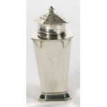 An Art Deco silver caster of plain tapering octagonal form with angular designed shoulders, pull off