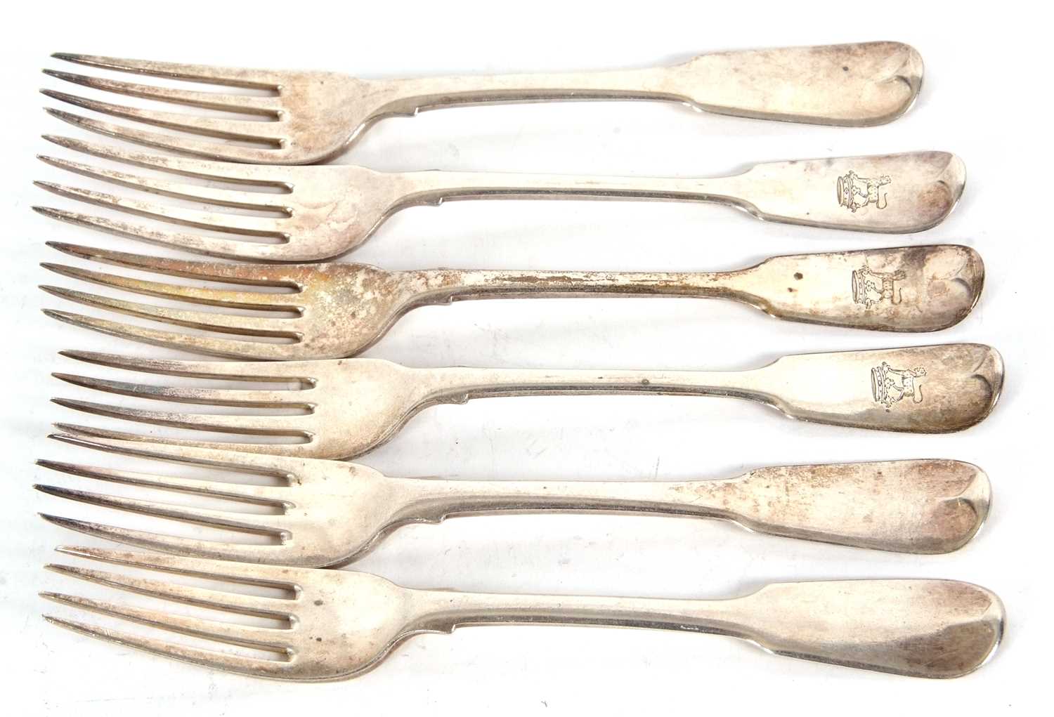 Six Georgian silver dessert forks, fiddle pattern engraved with an armorial and initials, three