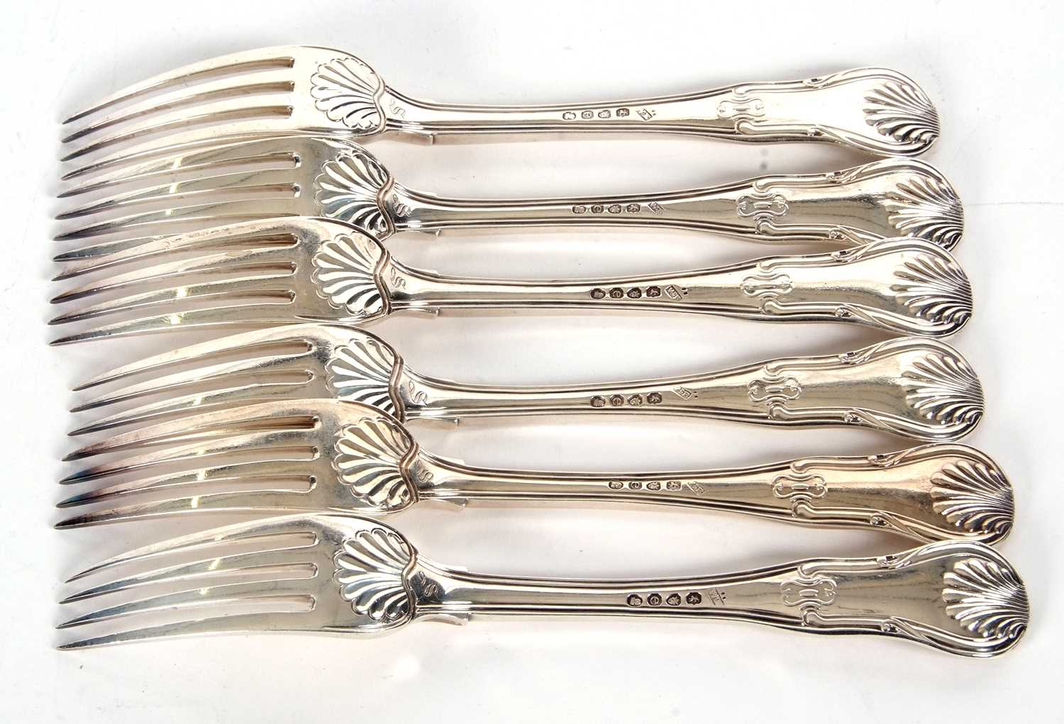 Six George IV silver Kings pattern table forks, double struck, London 1820, makers mark for - Image 2 of 3
