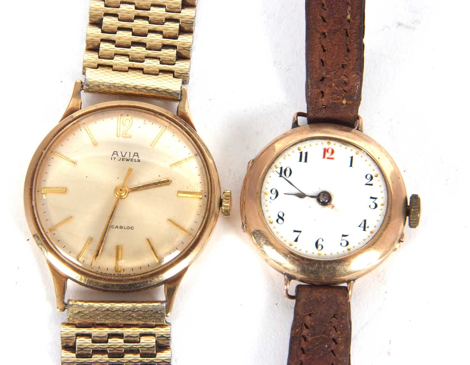 A mixed lot of two 9ct gold wristwatches, one gents Incabloc Avia and the other a ladies enamel dial