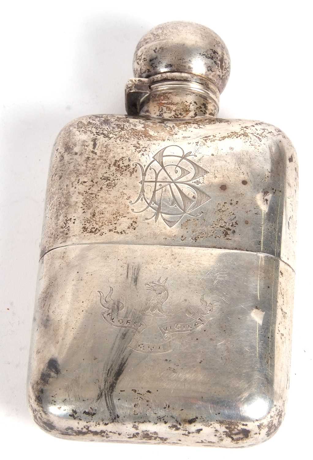 A late Victorian silver spirit flask, the front with a monogram, the verso engraved with a Griffin - Image 4 of 4