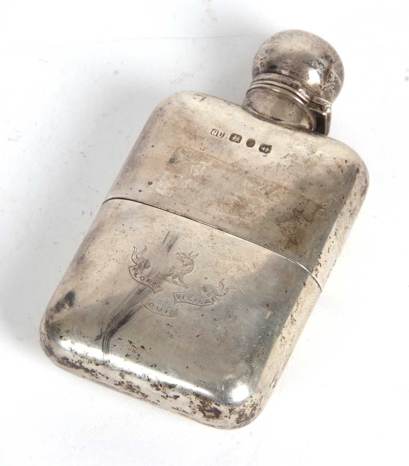 A late Victorian silver spirit flask, the front with a monogram, the verso engraved with a Griffin - Image 2 of 4