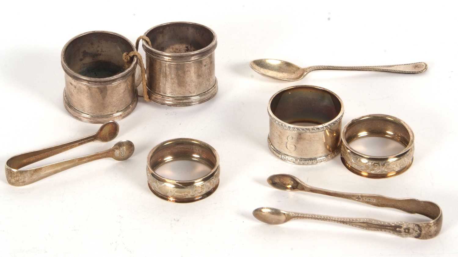 Mixed Lot: A pair of silver hallmarked salts of cylindrical form, no liners, marks rubbed, a pair of