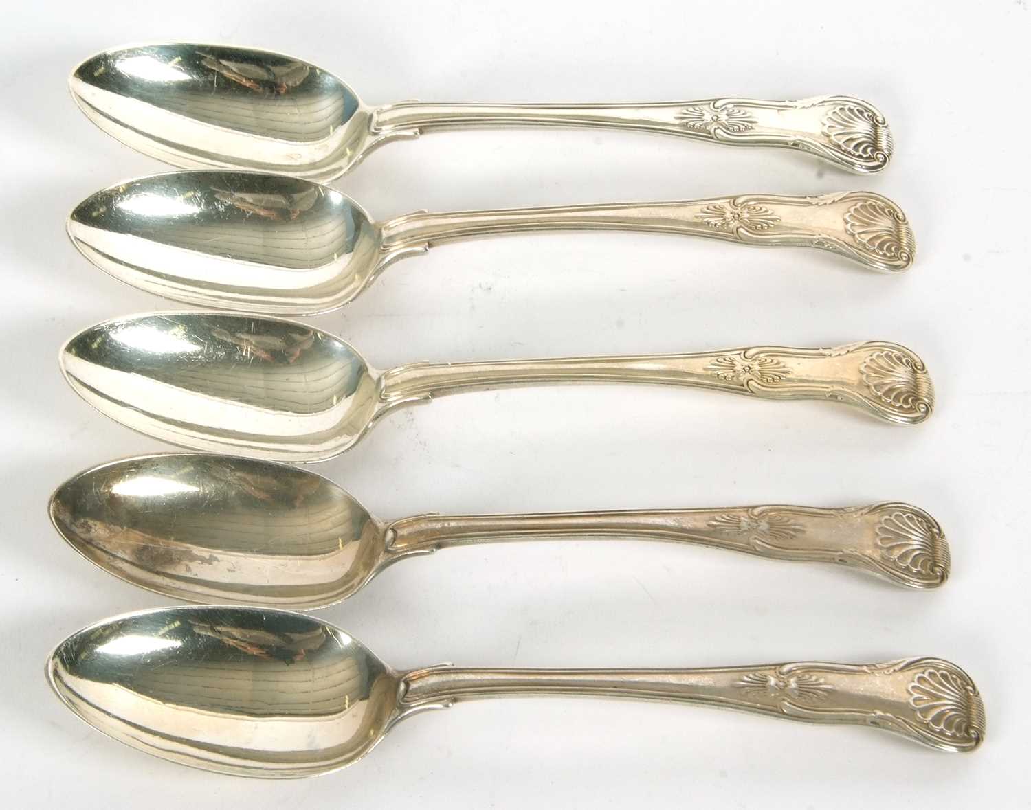 Five silver Kings pattern dessert spoons, double struck, three Victorian, hallmarked for London