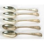 Five silver Kings pattern dessert spoons, double struck, three Victorian, hallmarked for London