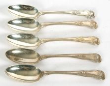 Five silver Kings pattern dessert spoons, double struck, three Victorian, hallmarked for London