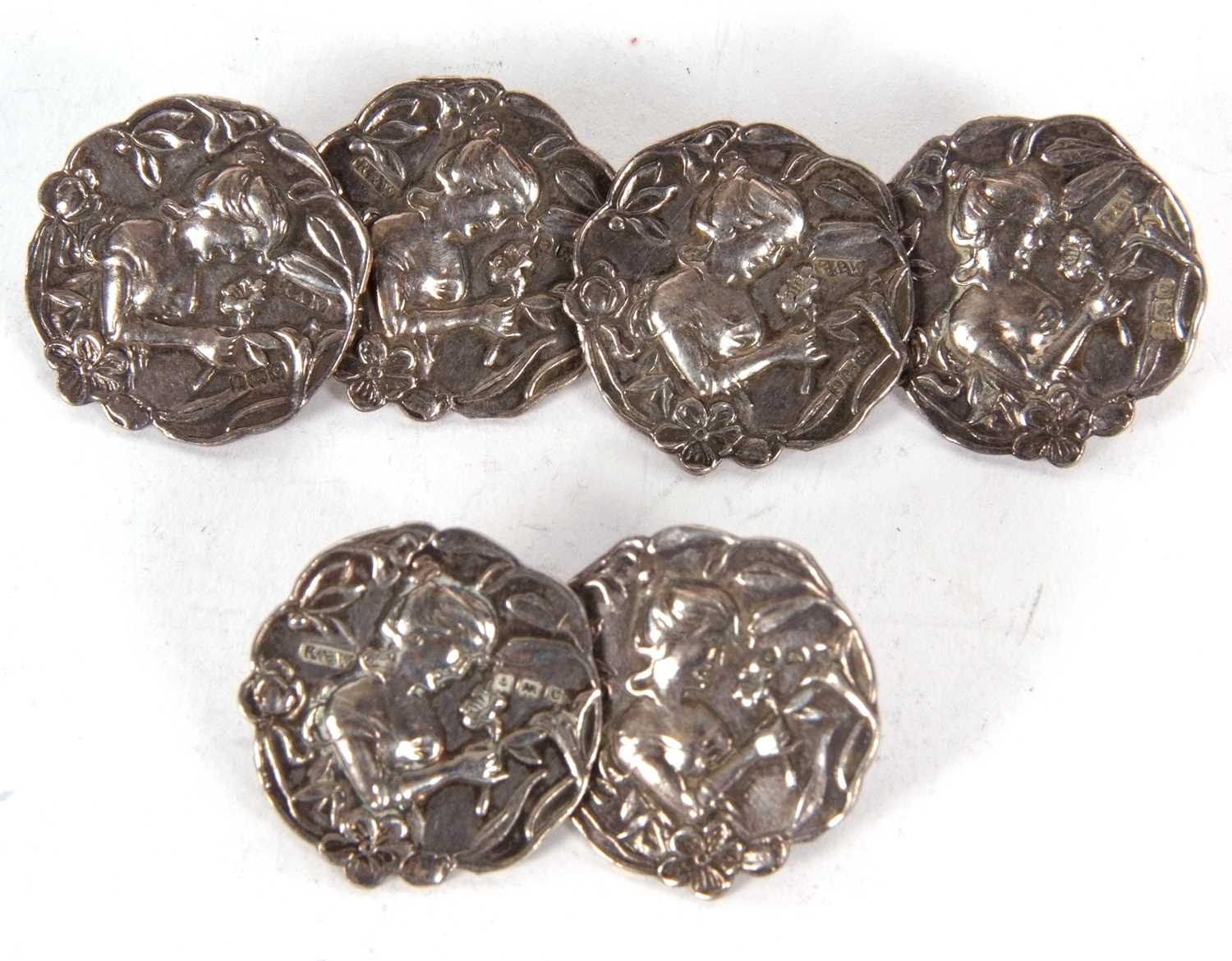 A set of six silver Art Nouveau silver buttons with a shaped outline depicting a head and - Image 2 of 3