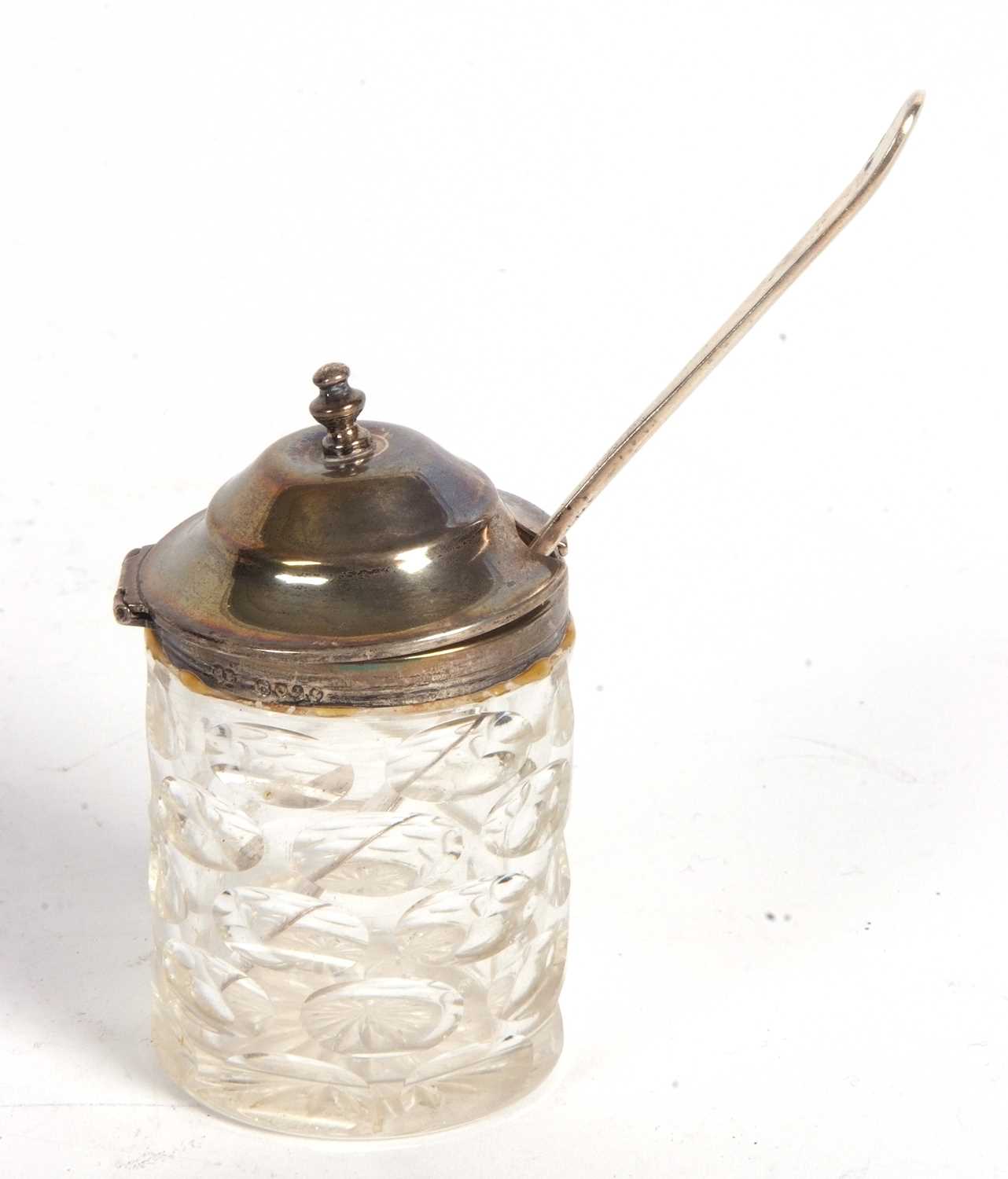Mixed Lot: Victorian glass mustard with hallmarked hinged lid and collar, London 1884 together
