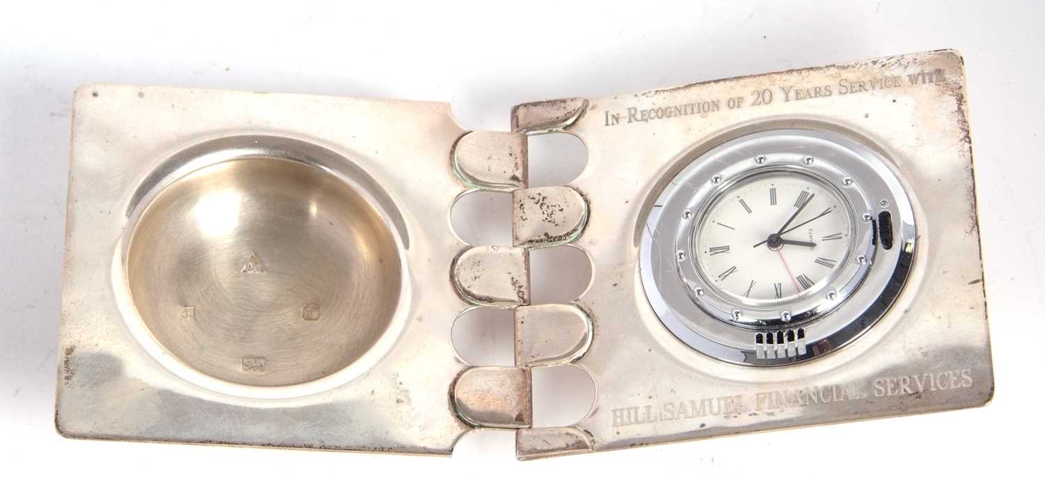 A silver cased quartz clock with presentation engraving, hallmarked on the inside of the case - Image 2 of 4