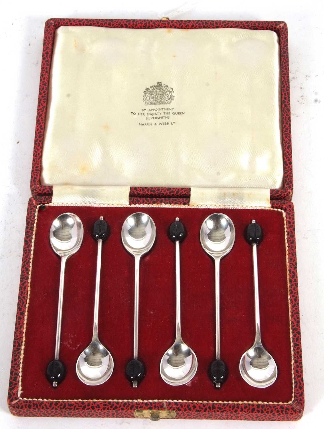 Cased set of six Elizabeth II silver bean end coffee spoons, Sheffield 1974, makers mark Mappin &