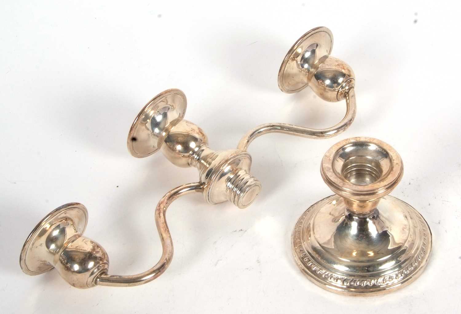 A small sterling twin branch candelabra, the top section with three lights on a pull off loaded base - Image 4 of 4