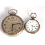 Two pocket watches, one ladies white metal stamped 0.935 the other a metal Elm City with a train