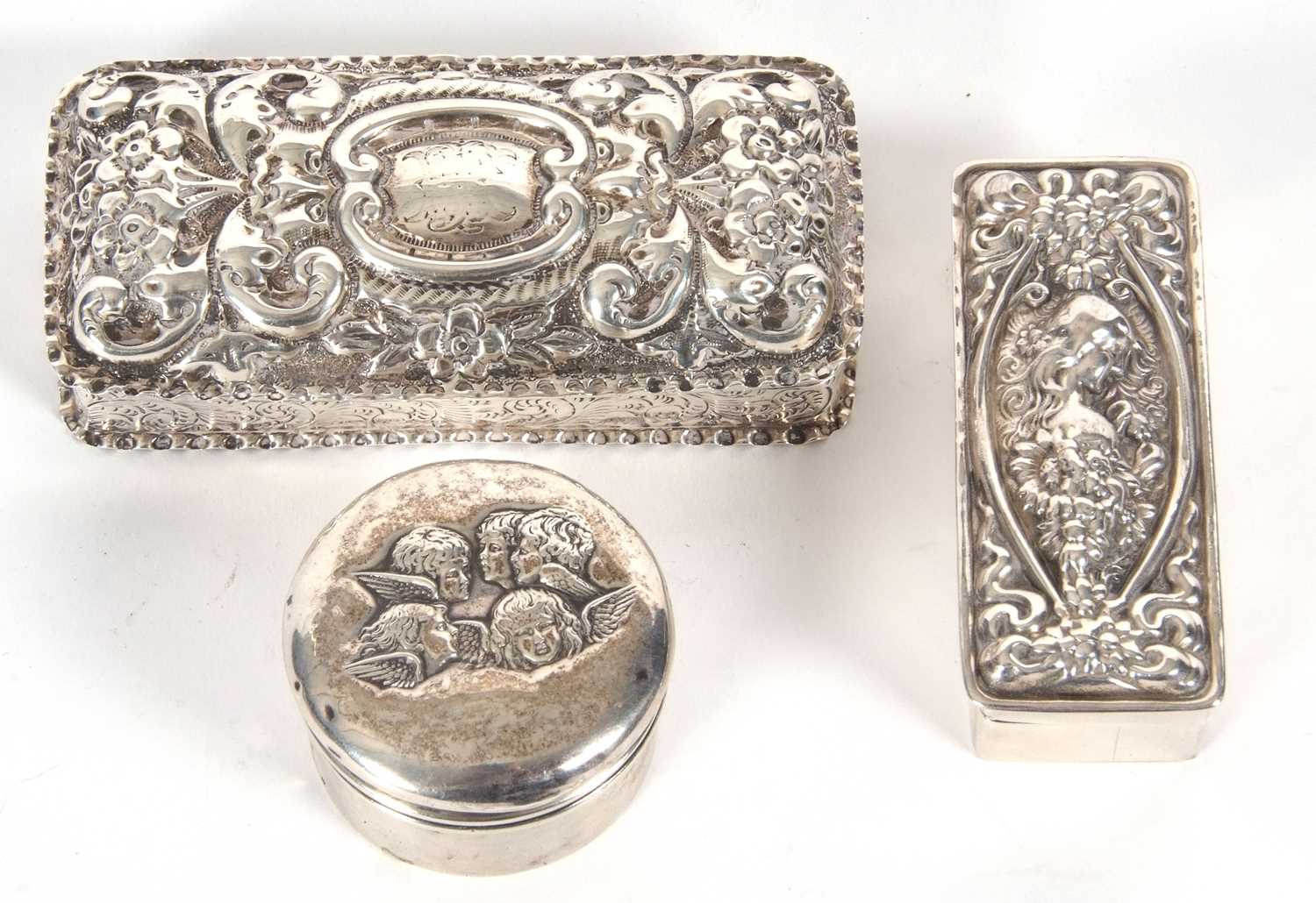 Mixed Lot: A modern white metal two part rectangular box the lid embossed with a head and - Image 2 of 4