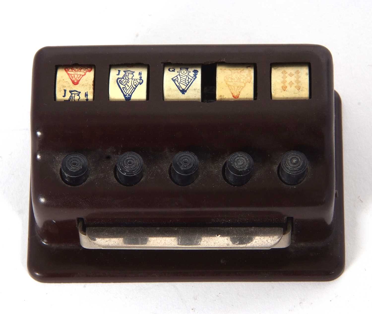 A vintage poker dice game, a push button rotating system featuring five hand painted poker die - Image 3 of 5