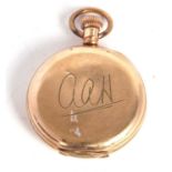 A rolled gold Waltham Hunter pocket watch, it has a crown wound movement with white enamel dial