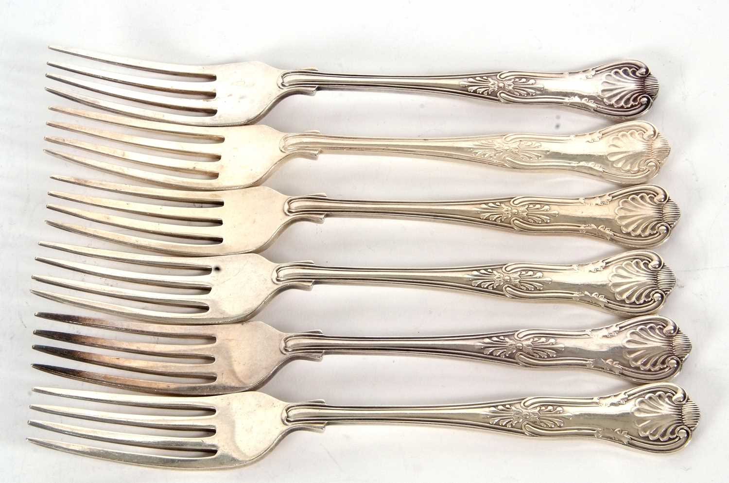 Six silver Kings pattern dessert forks, double struck, Sheffield 1973, makers mark for Pinder