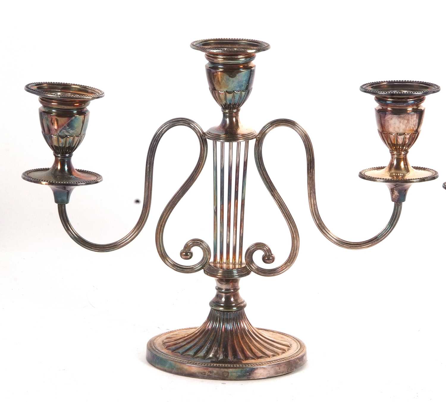 A pair of Barker Ellis silver-plated candelabra, circa 1920 with a lyre design, supporting a - Image 3 of 4