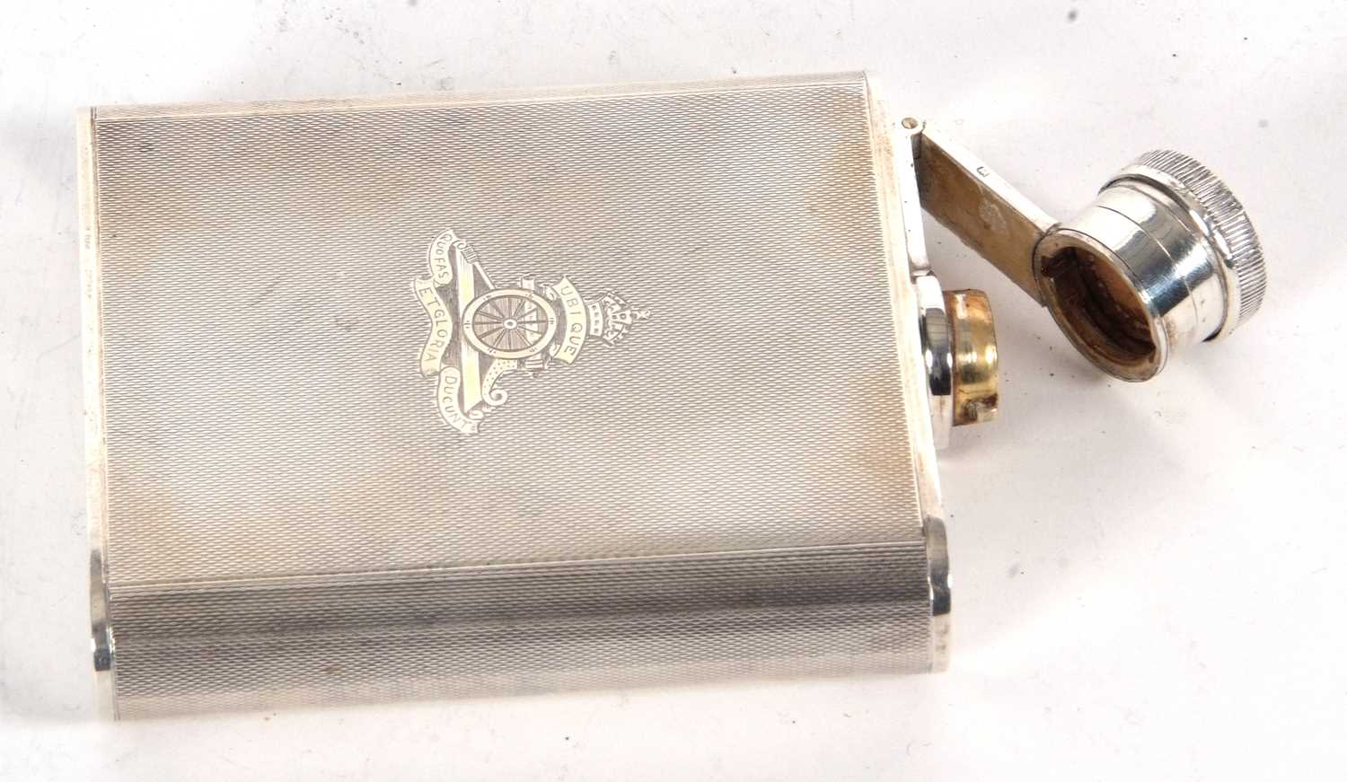 A George VI silver spirit flask, engine turned decorated, the front engraved with The Royal - Image 4 of 4