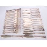 A group of silver plated Kings pattern fish servers to include fifteen knives and fourteen forks