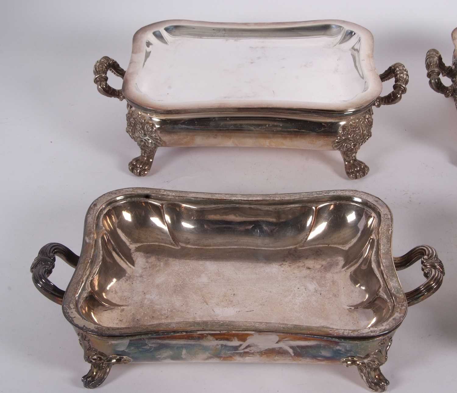 A pair of Old Sheffield plated chaffing/warming dishes of typical form with plain lift off trays, - Image 3 of 6