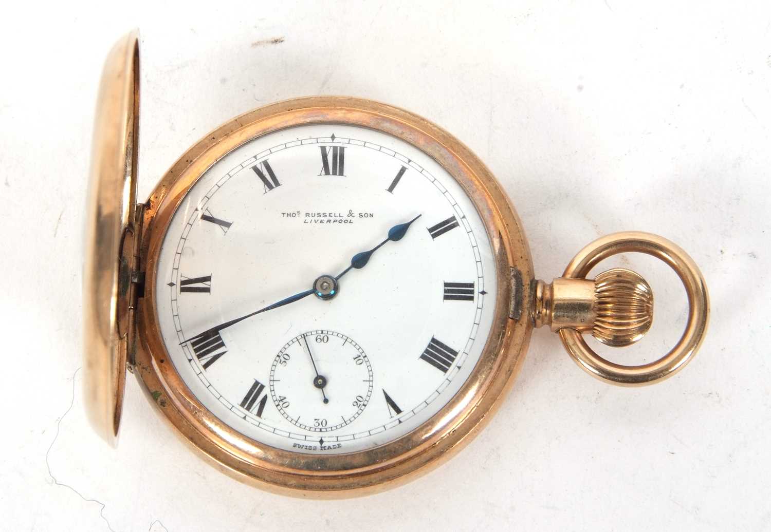 Thomas Russell & Sons of Liverpool plated half hunter pocket watch, it has a manually crown wound 10 - Image 4 of 4