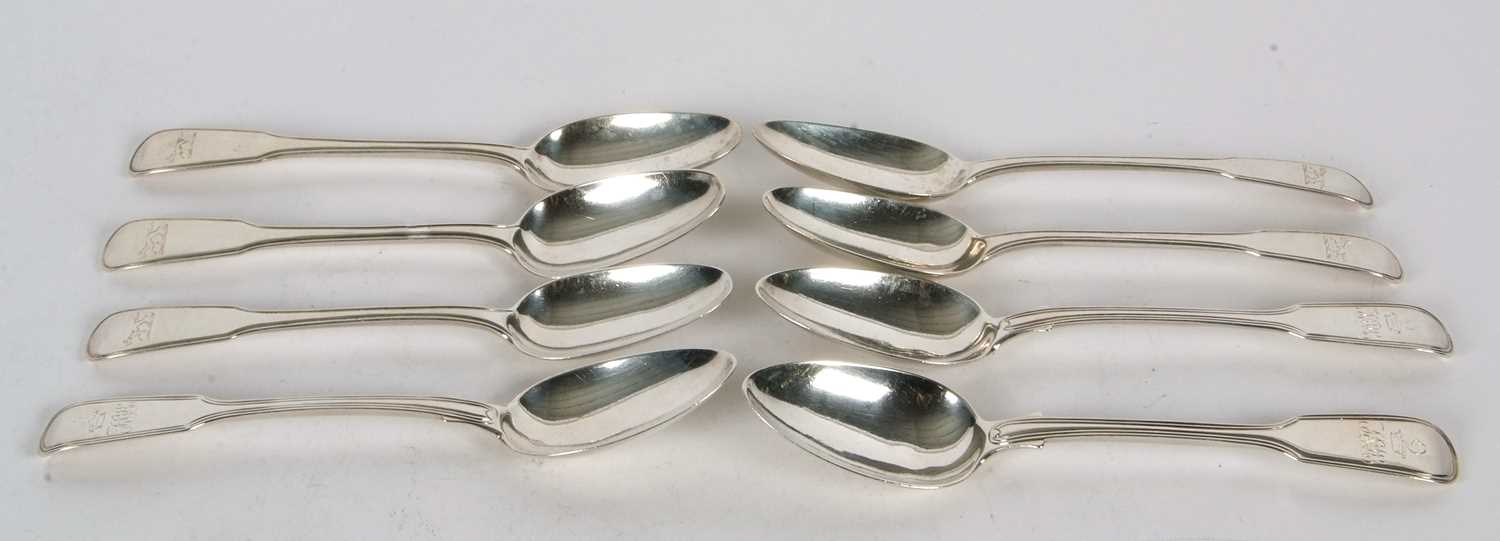 Mixed Lot: Five George III silver dessert spoons, fiddle and thread pattern, engraved with a