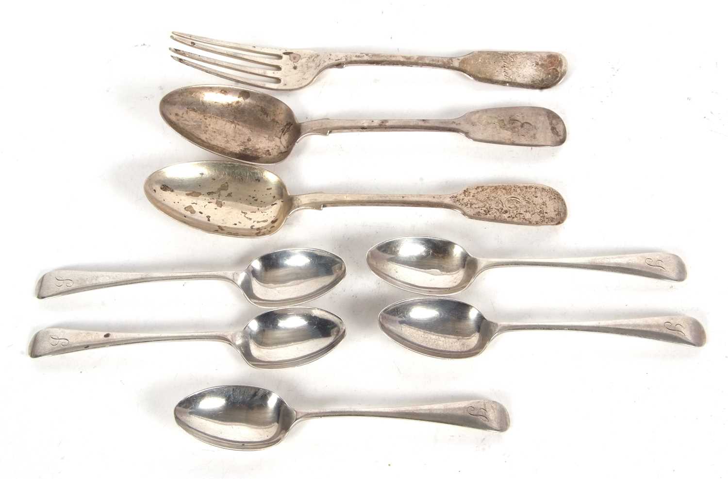 Mixed Lot: Five Georgian Old English pattern teaspoons, initialled, Sheffield 1911 by the Cooper