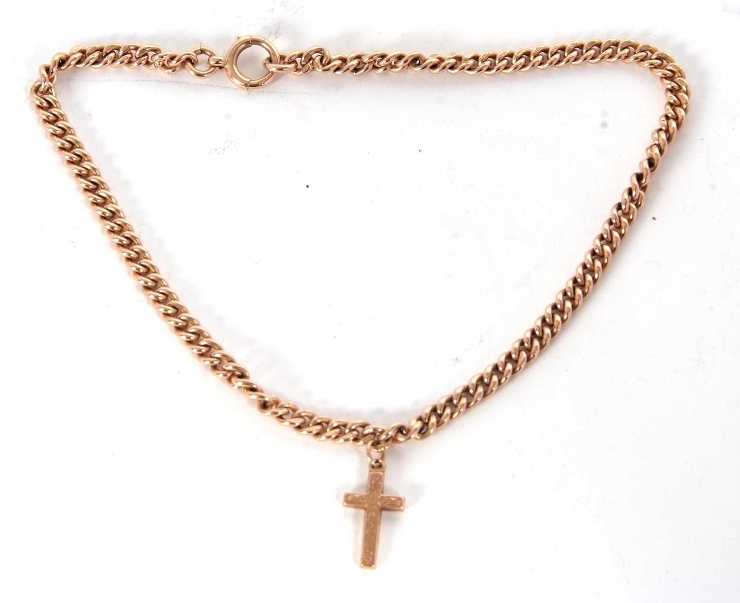 A 9ct gold watch chain with cross pendant, hallmarked on every link, g/w approx 31gms, approx length