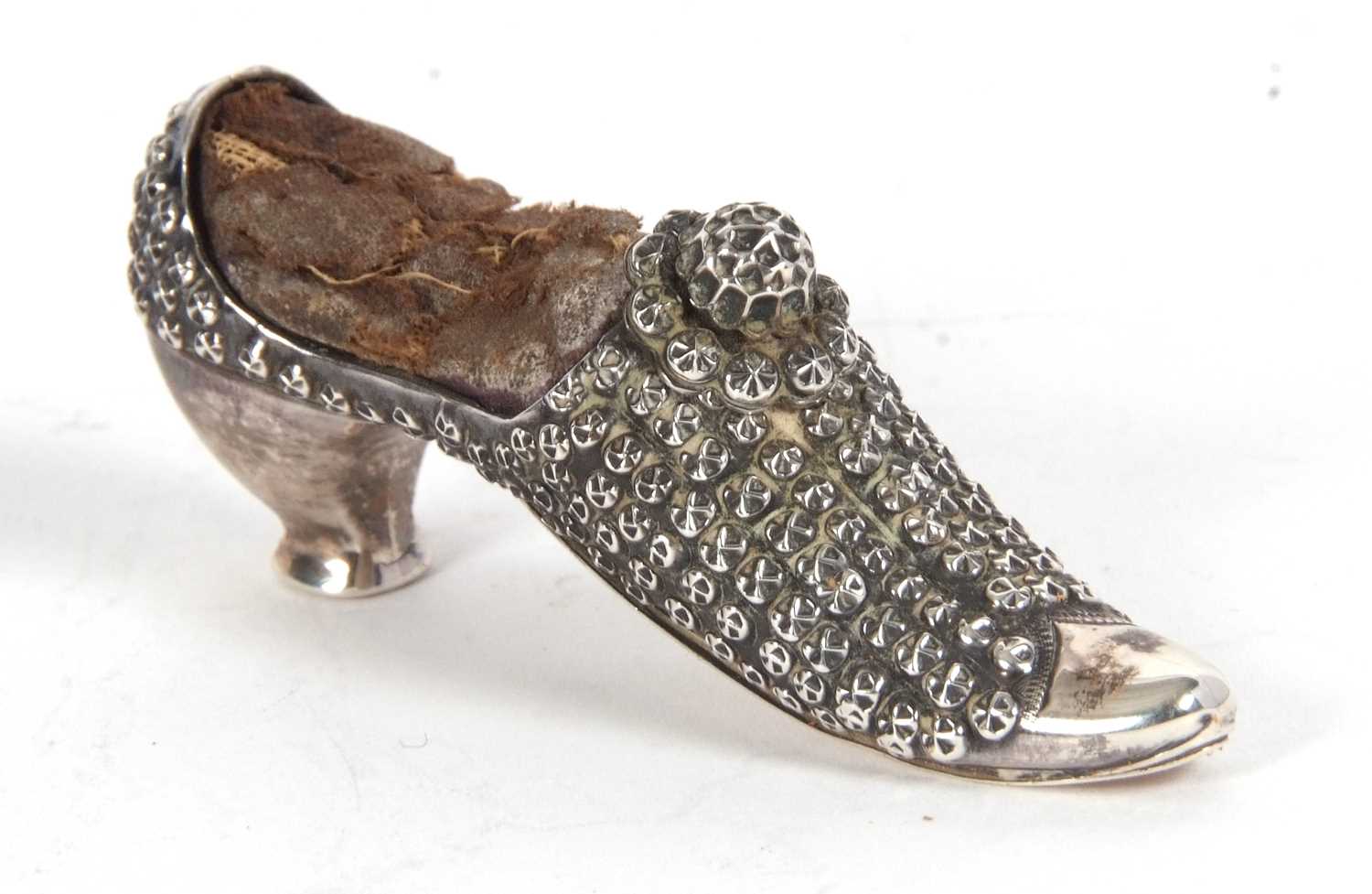 A Victorian silver pin cushion in the form of a shoe, hallmarked Birmingham 1895, makers mark for - Image 2 of 2