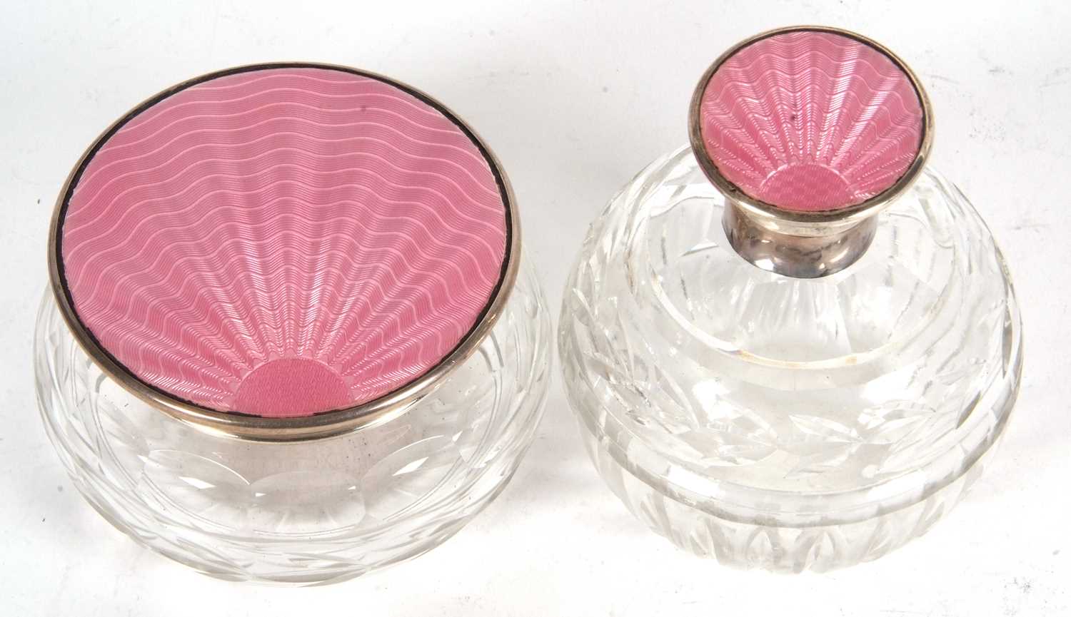 An Art Deco glass dressing table scent and powder bowl, each with pink enamel guilloche decoration - Image 3 of 3
