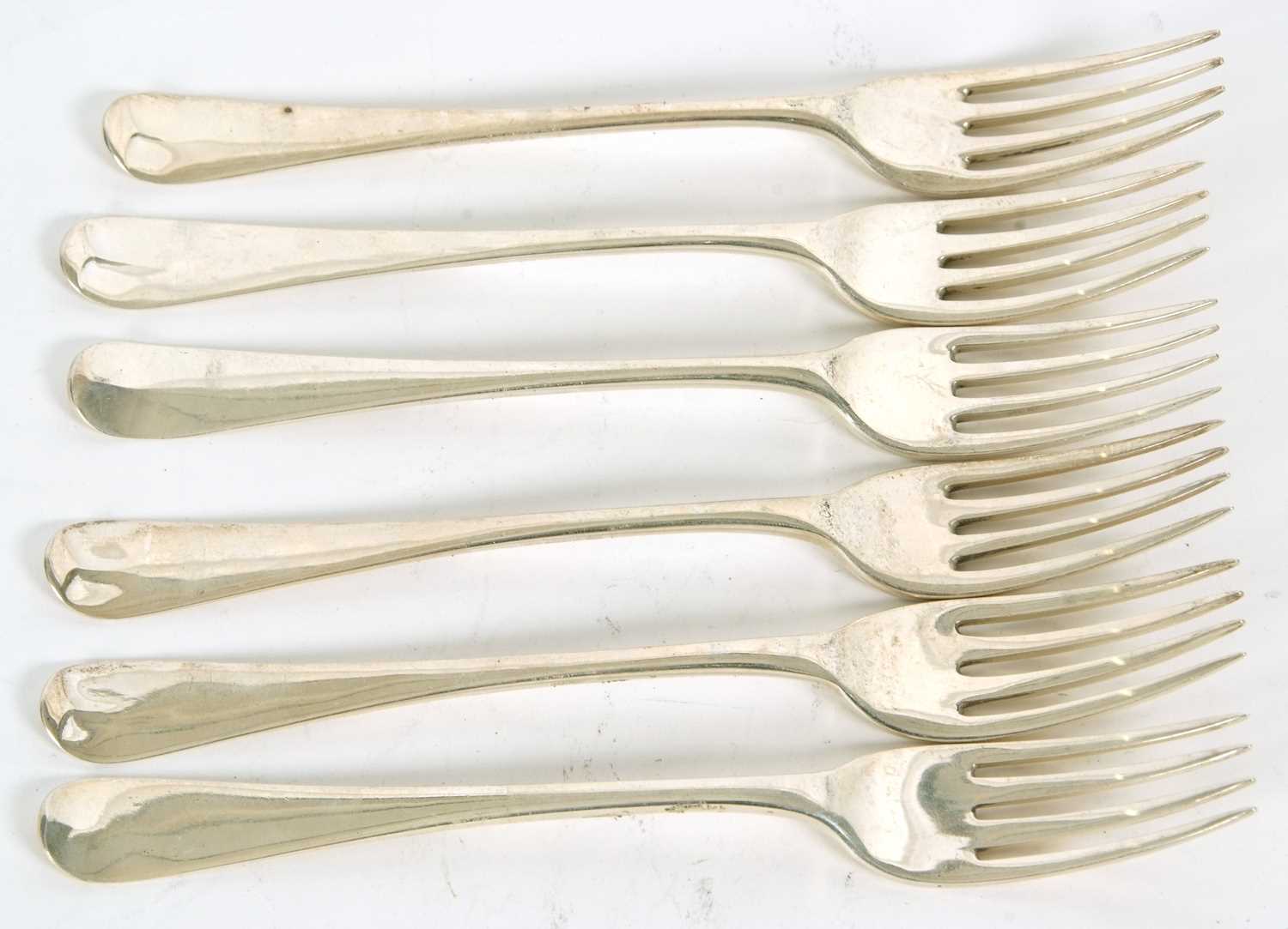 Six Georgian Old English dessert forks by William Ely and William Fearn, of various dates, g/w