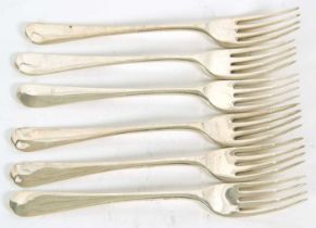 Six Georgian Old English dessert forks by William Ely and William Fearn, of various dates, g/w
