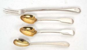 Pair of George IV silver fiddle pattern teaspoons with gilt lined shaped bowls, hallmarked London