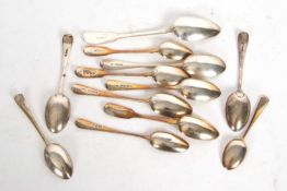 Group to include four Georgian teaspoons and Georgian dessert spoon, four Georgian teaspoons and a