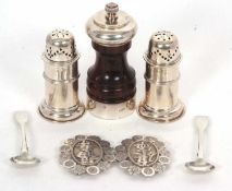 Mixed Lot: A pair of Victorian silver light house peppers with reeded detail supported on a