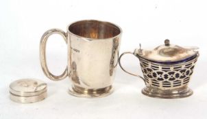 Mixed Lot: A hallmarked silver christening mug, Sheffield 1939 (a/f), a George V silver pill box