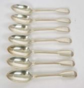Seven Victorian fiddle and thread pattern dessert spoons, London 1874, makers mark for Chawner & Co,
