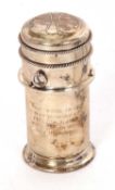 A cased silver travelling communion set of cylindrical form having a pull off lid with gilt interior