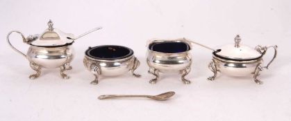 Mixed Lot: A silver hinged mustard and open work salt with blue glass liners of square form with