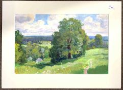 Manner of Post Impressionism, landscape scene, oil on card, unsigned, unframed, mounted, 35x56cm.