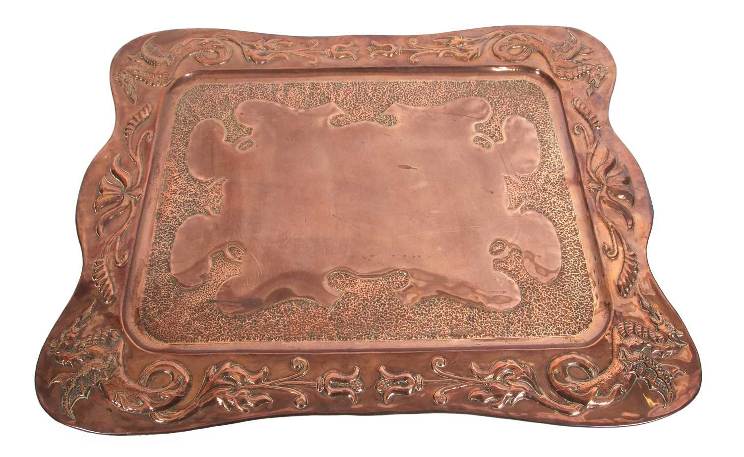 A large Arts & Crafts copper serving tray, decorated with a border of dragons and foliate detail, 56 - Image 3 of 6