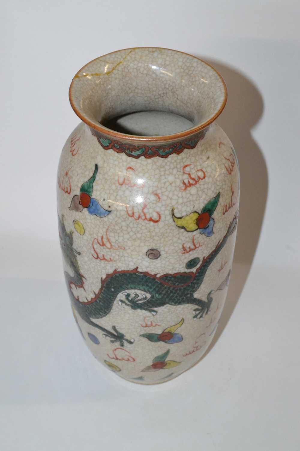 Chinese crackle ware vase with polychrome decoration of opposing dragons in famille vert and famille - Image 4 of 12