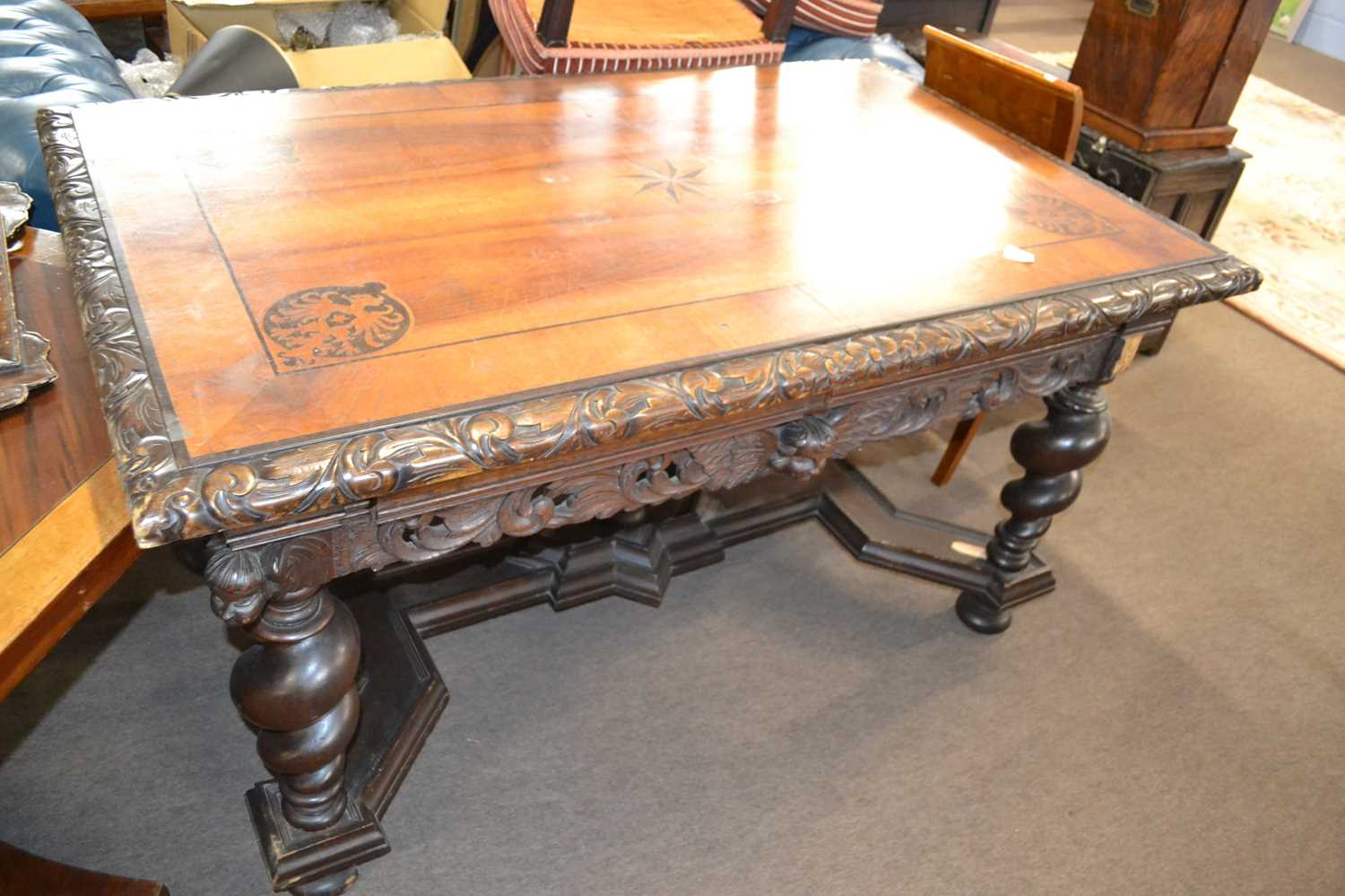 A 19th Century central European writing table or desk with two freize drawers, inlaid top with - Image 5 of 8