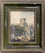 British School, circa early 19th century, Two figures converse by an abbey ruin, 19x24cm, framed and