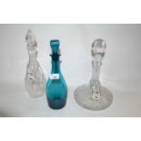 Group of three decanters, two cut glass further Bristol green glass decanter, the cut glass